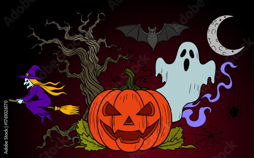 Spooky Halloween Illustration: A whimsical illustration captures the essence of Halloween, featuring a grinning Jack-o'-lantern, a spooky ghost, and a witch riding a broom in front of a tree.