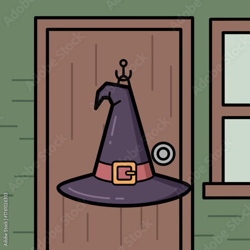 Witch hat hanging by door vector on transparent background for Halloween poster and spooky decoration design