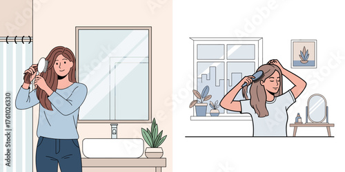 Woman brushing hair slowly for beauty care illustration and mindful morning routine concept