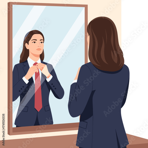 Woman adjusting tie at mirror vector for business coaching and corporate motivation design
