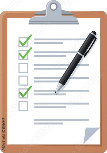Clipboard with paper and pen marking tasks completed checklist survey assessment business document management flat design vector illustration isolated on transparent background