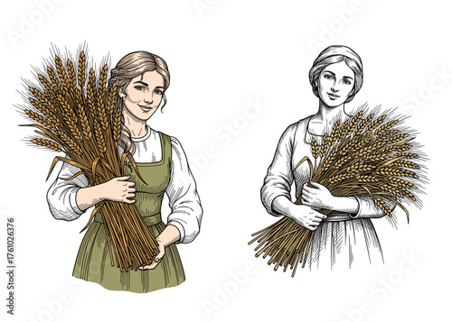 Woman holding bundle of wheat vector on transparent background for organic farming label and agricultural branding design