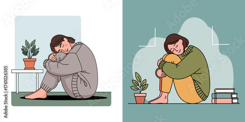 Woman hugging knees in sweater for mental health awareness illustration and emotional wellbeing concept
