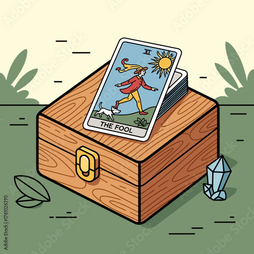 Wooden box with tarot card and crystal for mystical concept and esoteric design illustration
