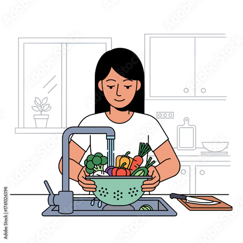 Woman rinsing vegetables in sink for healthy cooking blog and kitchen hygiene illustration