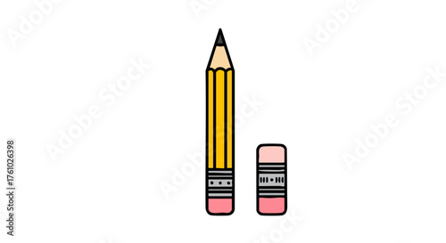 Simple yellow pencil standing upright next to a pink eraser on a black background