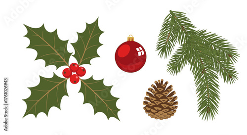 Festive Christmas cheer with holly berry, pine branch, pinecone, and red ornament create a classic holiday scene for cards, backgrounds, or designs