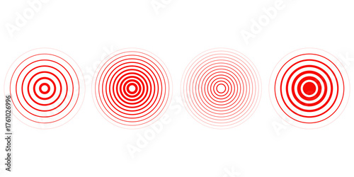 Red concentric ripple circles set. Sonar or sound wave rings collection. Epicentre, target, radar icon concept. Radial signal or vibration elements. Halftone vector illustration