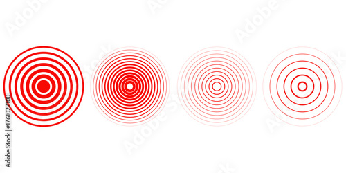 Red concentric ripple circles set. Sonar or sound wave rings collection. Epicentre, target, radar icon concept. Radial signal or vibration elements. Halftone vector illustration