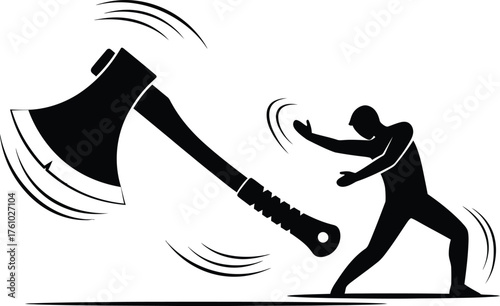 Silhouette of a person in a defensive stance facing a large swinging axe motion blur effect flat design vector illustration isolated on transparent background