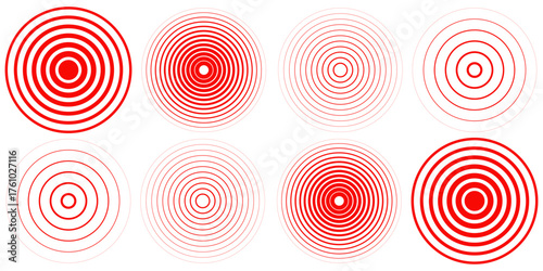 Red concentric ripple circles set. Sonar or sound wave rings collection. Epicentre, target, radar icon concept. Radial signal or vibration elements. line vector illustration