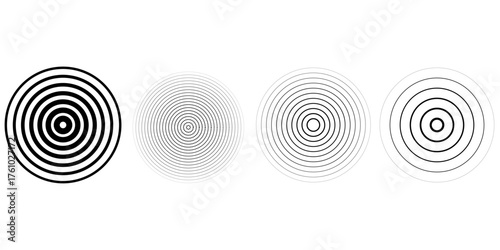 Black concentric circle set. Sonar or sound wave ring collection. Halftone and linear epicentre, target, radar icon concept. Ripple radial signal or vibration elements. Vector line and dotted symbols