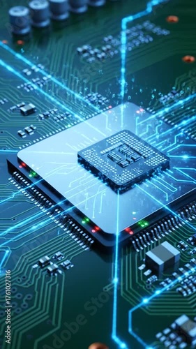 Close up of a digital circuit board with a central processing unit