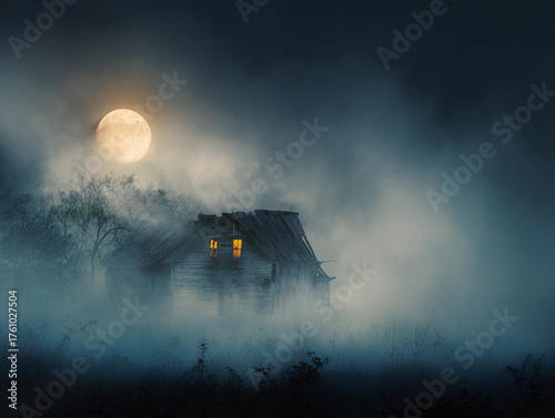 spooky halloween landscape with moon haunted old shack