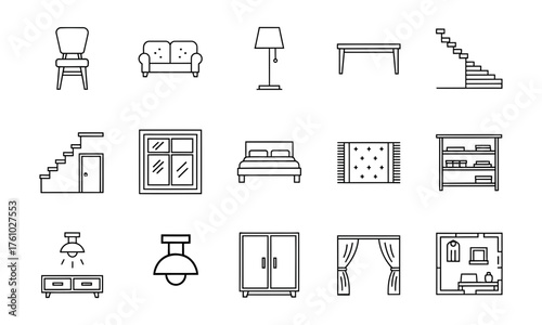 Comprehensive collection of minimalist outline vector icons featuring diverse household furniture and interior elements for modern home design, decor, and living space planning projects