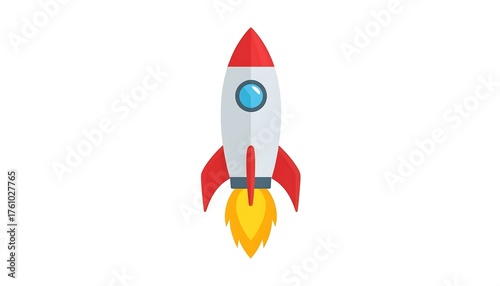 Fototapeta Naklejka Na Ścianę i Meble -  Illustration of a cartoon rocket ship launching into space with flames.