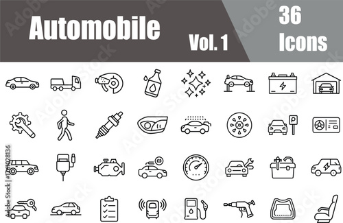 Automobile Car Vehicle Transportation Travel Road Drive Engine Garage Outline Icon Set Vol. 1