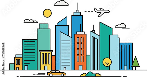 Vibrant cityscape with modern skyscrapers and flying airplane symbolizing urban life and progress flat design vector illustration isolated on transparent background