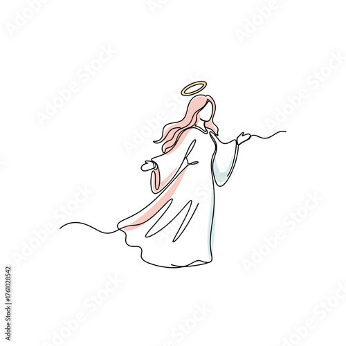 Line art of angelic figure with halo and flowing gown  