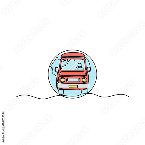 Red car in snow globe with winter scenery and snowflakes  