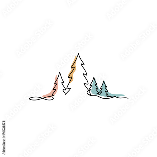 Outline of stylized trees with abstract shapes representing winter weather  