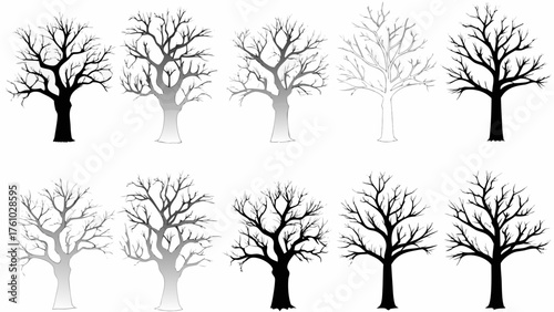 Striking bare tree silhouettes in various artistic styles perfect for seasonal design projects and nature-themed art