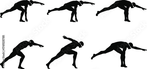 Athlete, silhouette, long jump, motion sequence, sports training, dynamic movement, track and field, biomechanics, jump phases, cap, balance, landing, flight, crouch, takeoff.