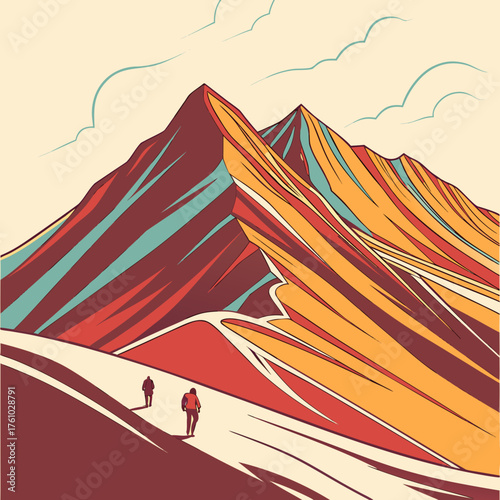 Two hikers ascend colorful mountains under a cloudy sky