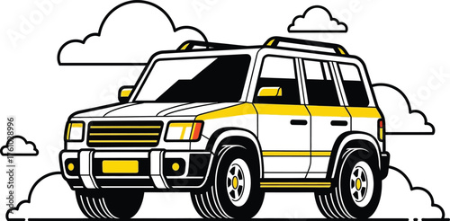 Rugged off-road suv driving through clouds white with yellow accents flat design vector illustration isolated on transparent background