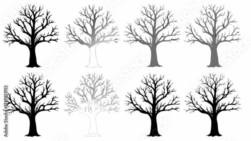 Stunning collection of bare winter trees in diverse silhouette styles and tonal variations, perfect for seasonal design projects