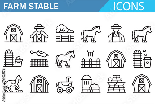 Set of farm stable icons representing barns, paddocks, gates, and farmers in thin line style.