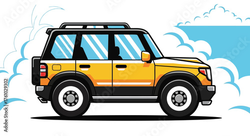 Classic yellow suv parked amidst fluffy white clouds under a bright blue sky flat design vector illustration isolated on transparent background
