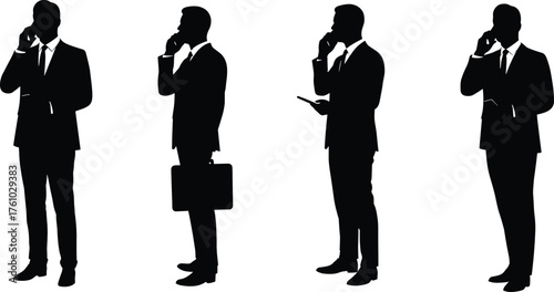 Businessman, silhouette, phone call, communication, multitasking, briefcase, tablet, corporate, professional, office, mobile, technology, modern, posture, gesture. 