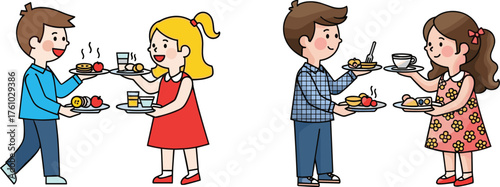 Breakfast moment, cheerful kids, food sharing, brunch joy, expressive dining, cartoon illustration, morning meal, social gathering, lifestyle scene, playful interaction