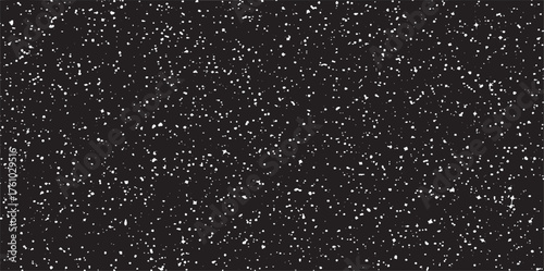 Snow, stars, twinkling lights, rain drops on black background. Abstract vector noise. Small particles of debris and dust. Distressed uneven grunge texture overlay.