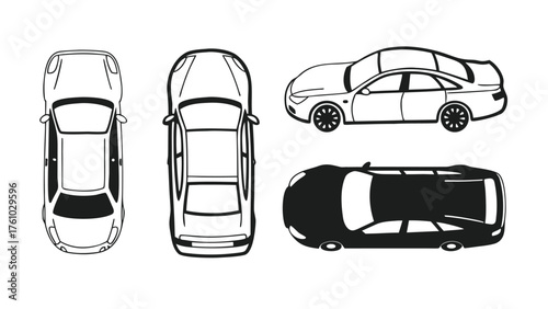 Set of Car Top View CAD Drawings. Silhouette and Outline Vector Vehicles for Architectural and Urban Planning Design