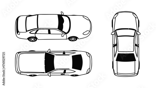 Set of Car Top View CAD Drawings. Silhouette and Outline Vector Vehicles for Architectural and Urban Planning Design