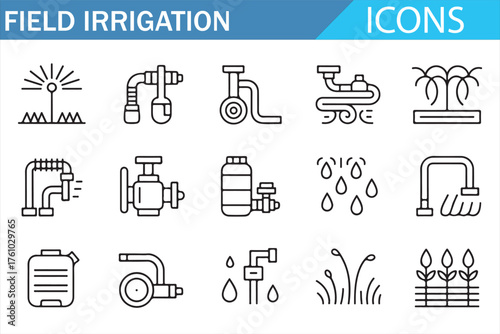 Minimal linear illustration pack of agricultural irrigation and watering systems.