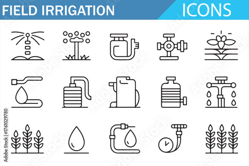Agriculture irrigation equipment icons with water pumps, valves, and hose connections.