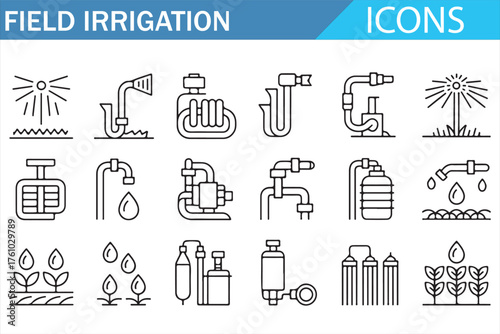 Line vector illustration pack showing agriculture water management and pumping systems.
