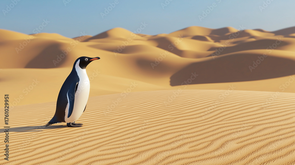 Fototapeta premium Penguin exploring a vast sandy desert landscape under clear blue sky