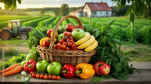 Rustic Basket of Fresh Produce on Wooden Surface with Farm Background for World Food Day