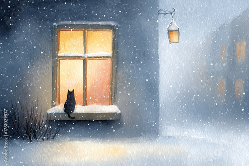 watercolor illustration of a cat looking inside a warmly lit room sitting outside on a windowsill, silent snowy landscape, copy space