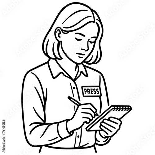 Female journalist writing notes illustration in minimalistic style with clean outline