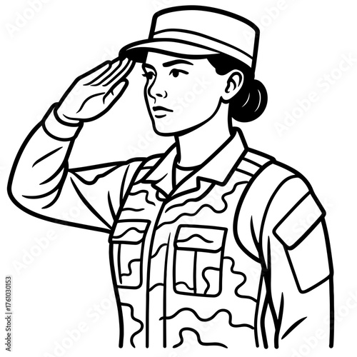 Female soldier saluting illustration in minimalistic style with clean outline 