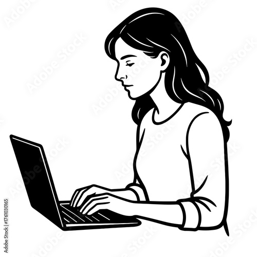 Female writer typing on laptop illustration in minimalistic style with clean outline