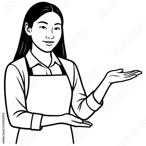 Asian female shop assistant showing empty space for product illustration in minimalistic style