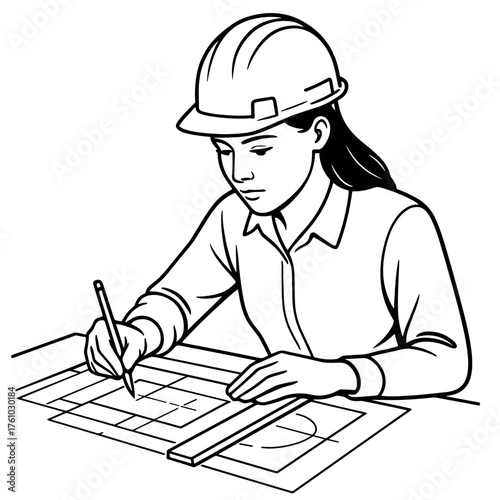 Female engineer drawing blueprint illustration in minimalistic style with clean outline
