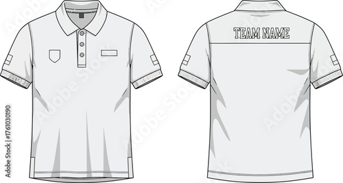 Front and back flat design sketch of a classic white short-sleeve polo shirt with collar and buttons flat design vector illustration isolated on transparent background