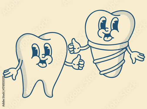 Retro dental duo: playful implant and natural tooth mascots. Vintage handdrawn style for implantology education and clinic branding